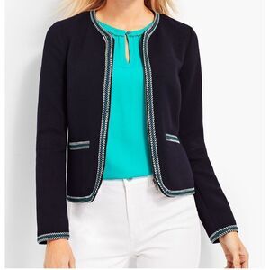 Talbots Blazer Jacket Navy Blue Braided Trim Long Sleeve Knit